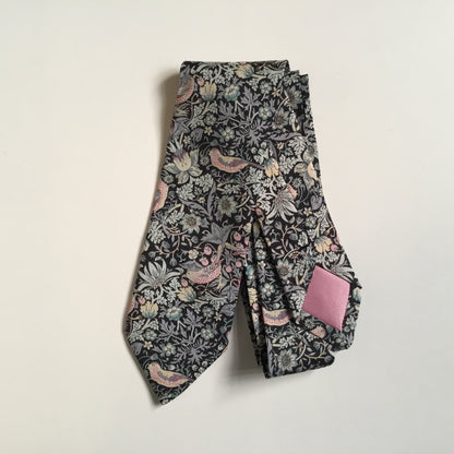 Gentleman's Neck Tie in Black Strawberry Thief Liberty of London.